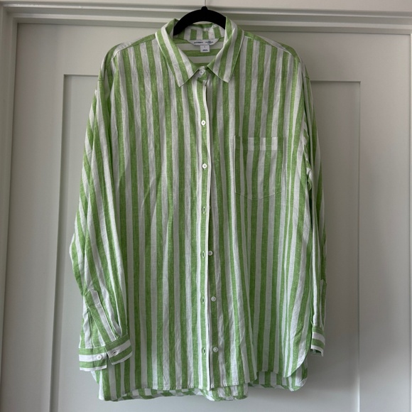 Old Navy Linen-Blend Striped Boyfriend Shirt - Green Stripe - Picture 2 of 4
